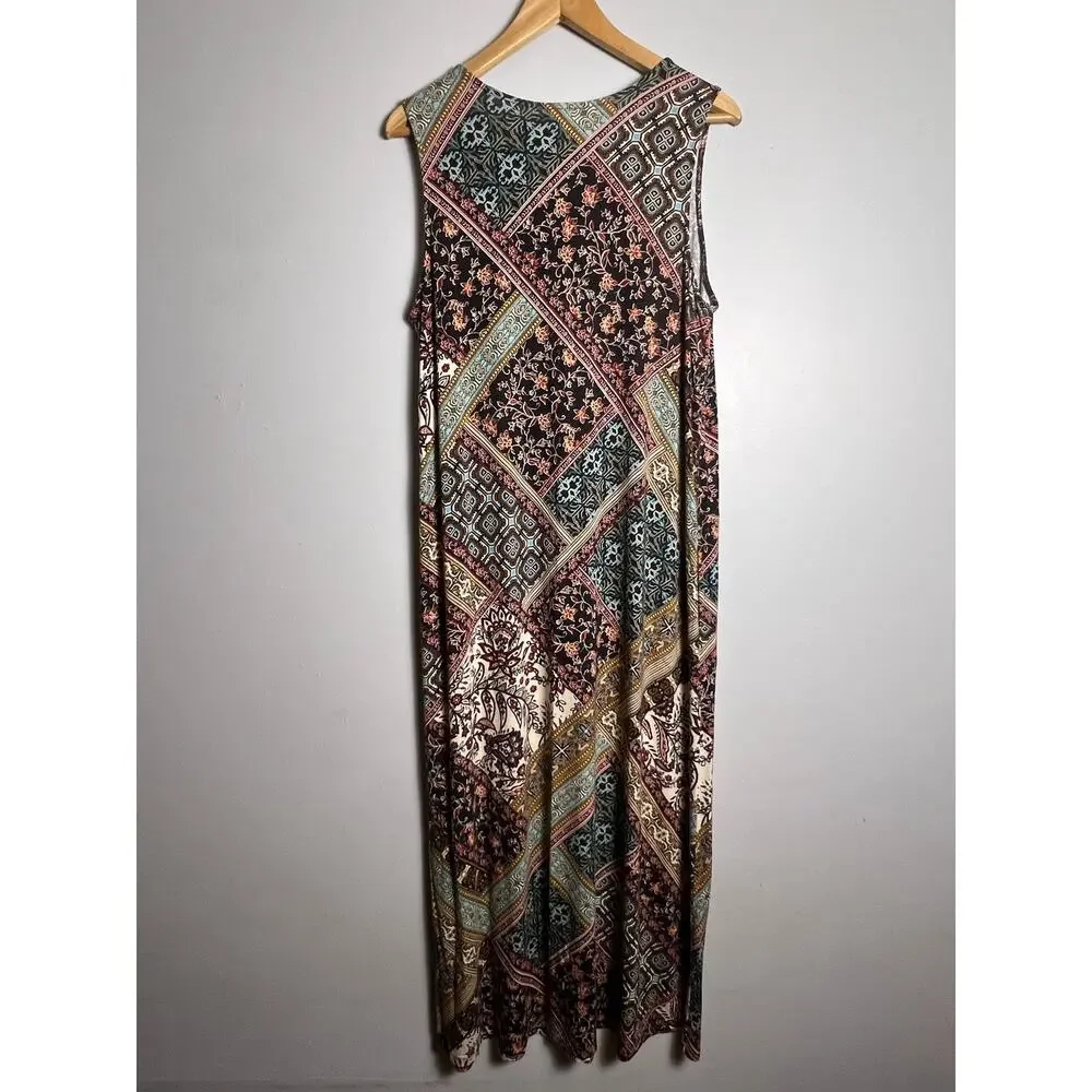 J JILL Womens Boho Patchwork Floral Maxi Dress Sz M Pockets Stretch Knit Cottage - Picture 2 of 8